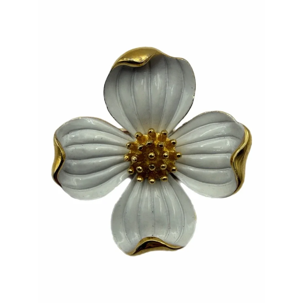 Vintage Trifari White Enamel Dogwood Flower Brooch Gold Tone Floral Pin
